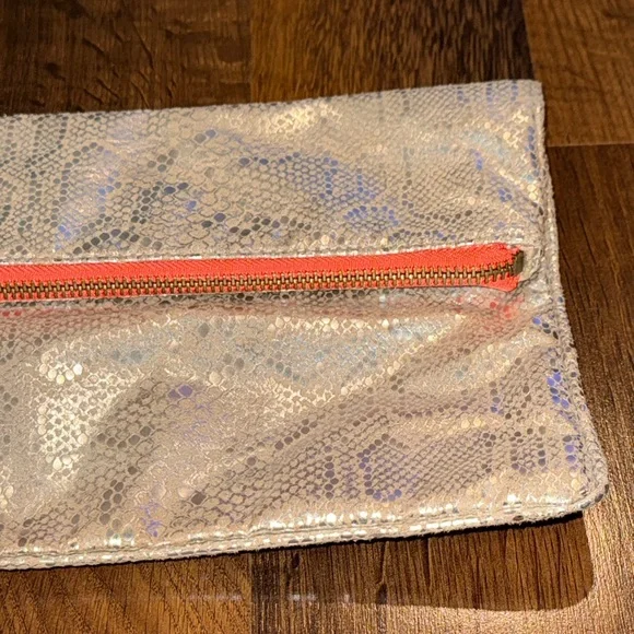 American Eagle Iridescent Metallic Fold-Over Clutch with Coral Zipper - Picture 4 of 11